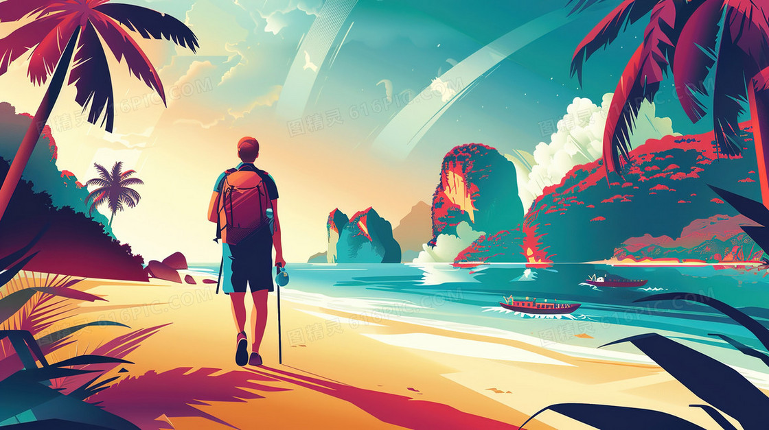 夏季海滩椰子树人物旅游插画