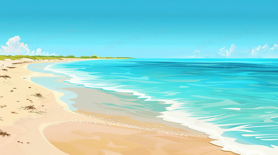 蓝天白云大海风景插画