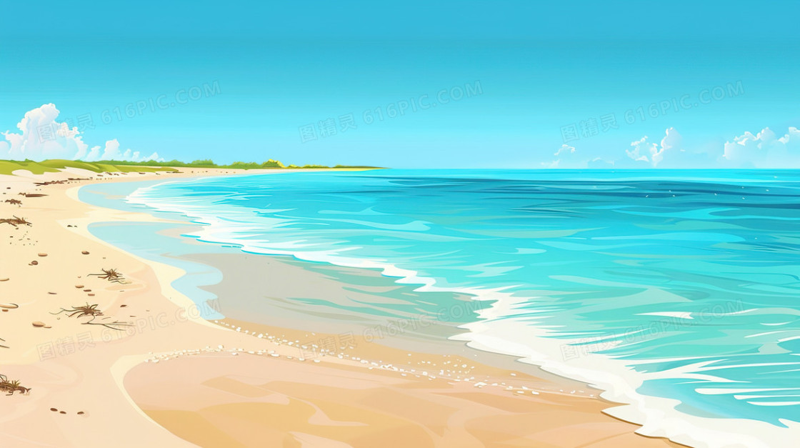 蓝天白云大海风景插画