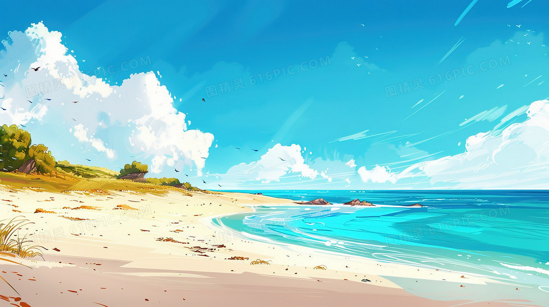 蓝天白云大海风景插画