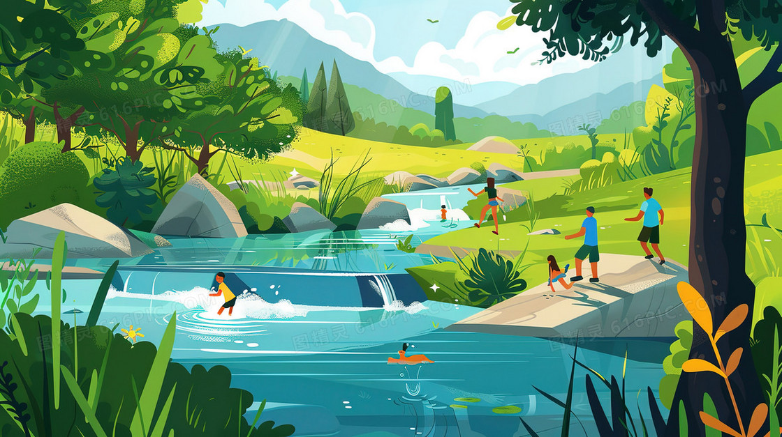 夏季森林玩水的孩子们插画
