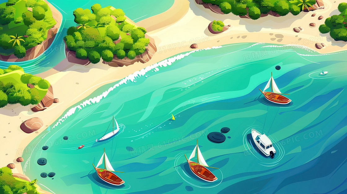 夏天海港帆船俯视插画