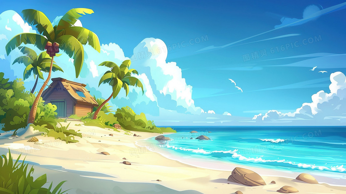 蓝天白云海滩椰子树插画