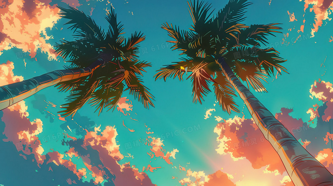 唯美夏季海滩椰子树风景插画