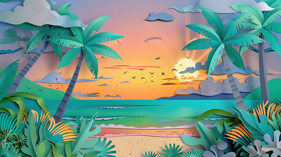 夏季海滩椰子树风景插画