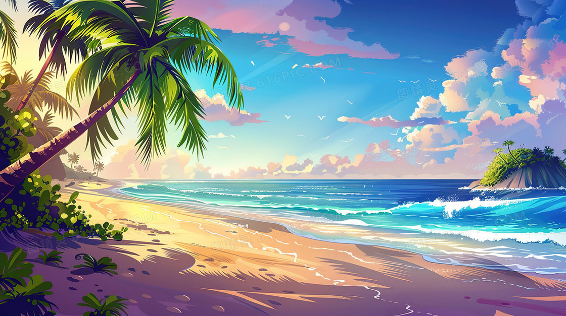 蓝天白云海滩椰子树插画