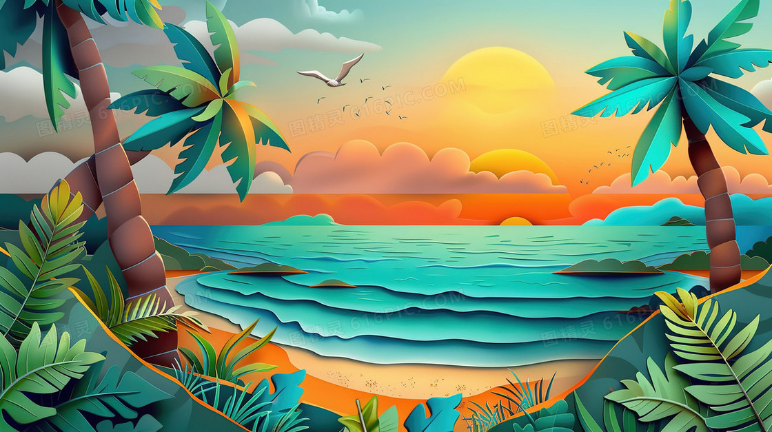 夏季海滩椰子树风景插画