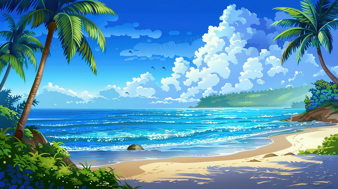 蓝天白云海滩椰子树插画