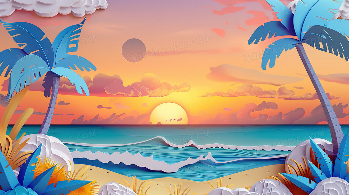 夏季海滩椰子树风景插画