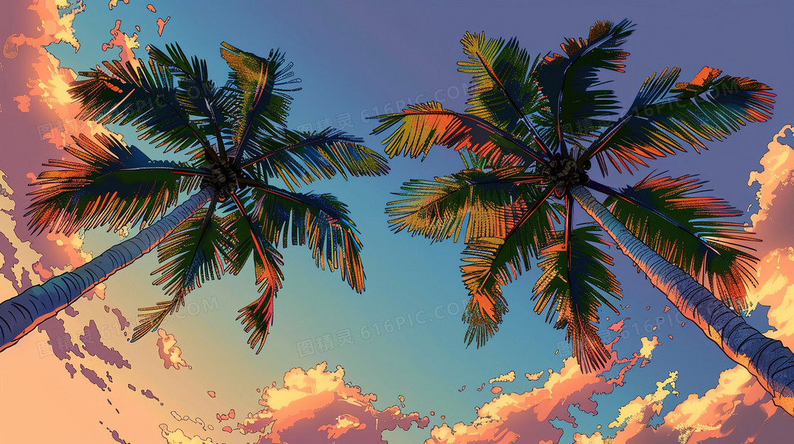 唯美夏季海滩椰子树风景插画