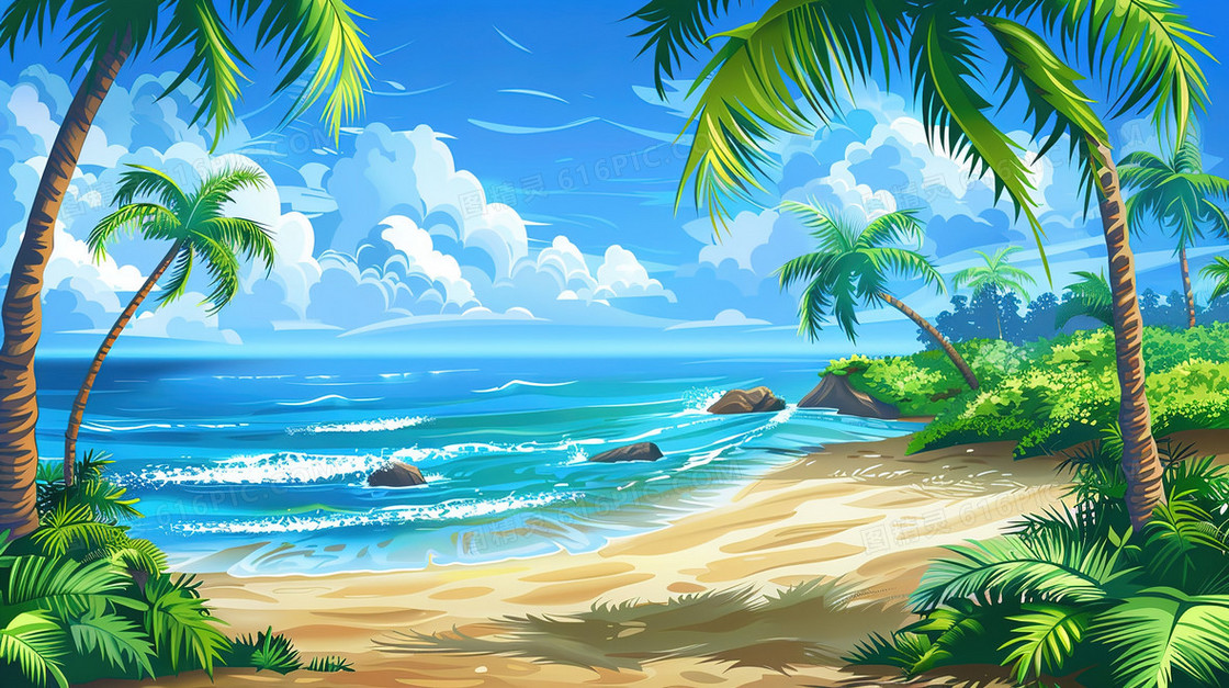 蓝天白云海滩椰子树插画