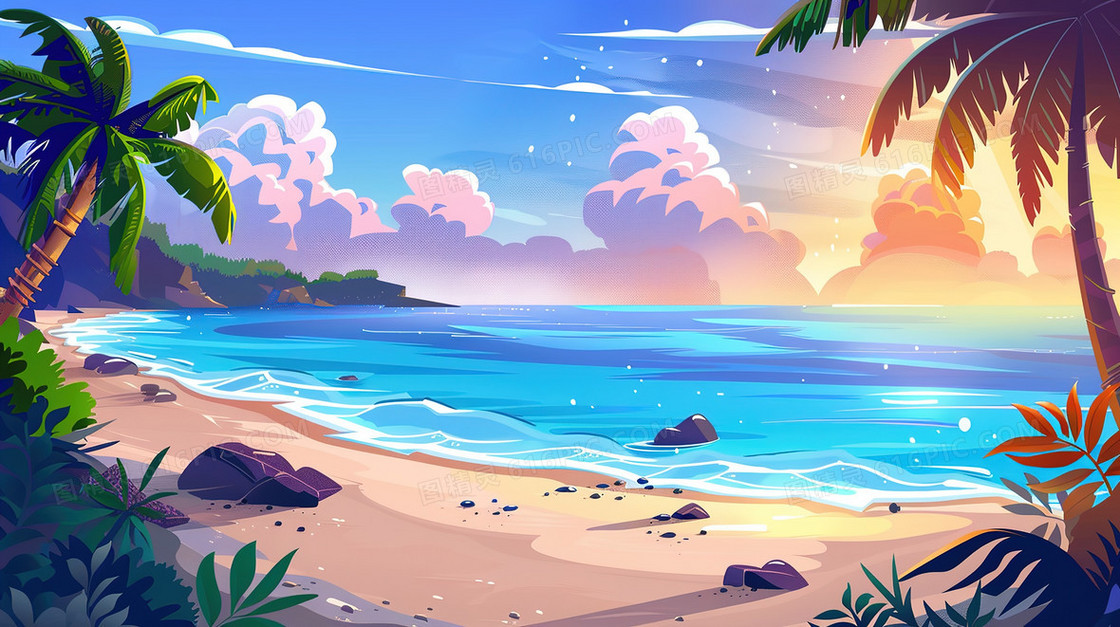 蓝天白云海滩椰子树插画