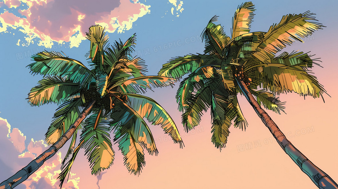 唯美夏季海滩椰子树风景插画