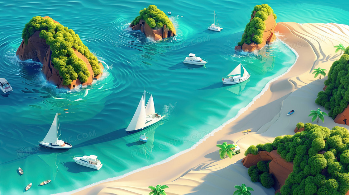 夏天海港帆船俯视插画