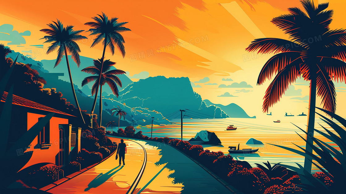 夏季海滩椰子树人物旅游插画