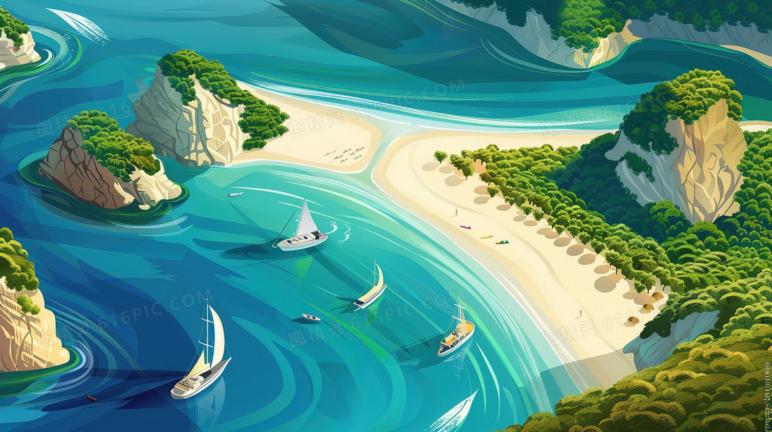 夏天海港帆船俯视插画