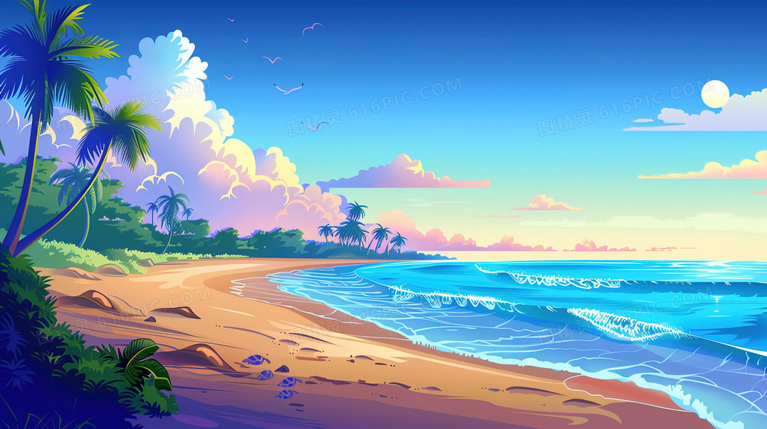 蓝天白云海滩椰子树插画