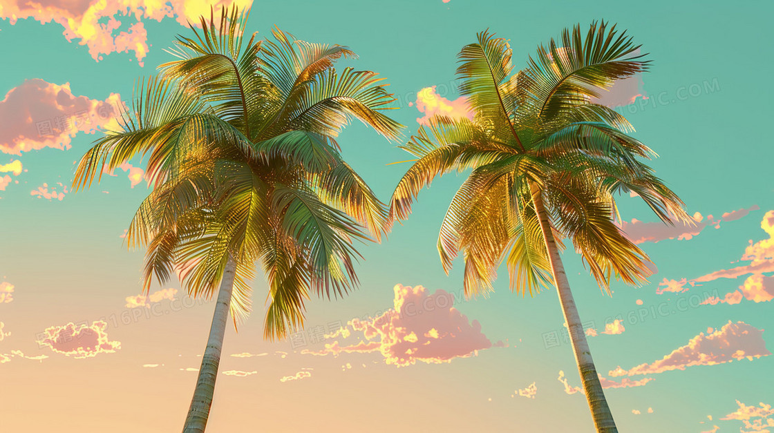 唯美夏季海滩椰子树风景插画