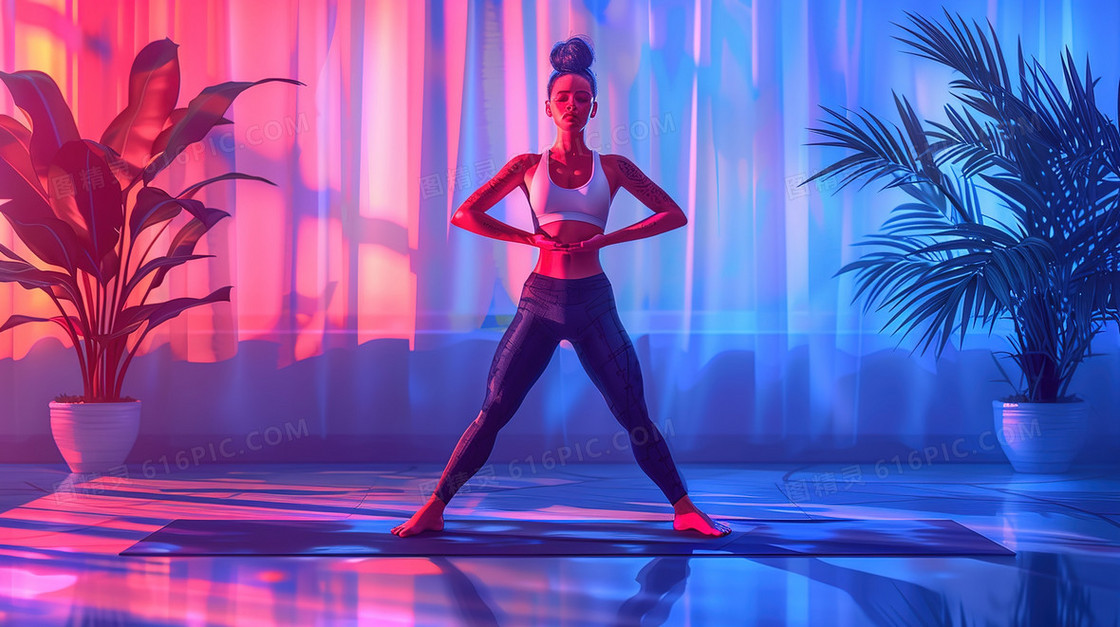 清晨室内运动健身的女孩插画