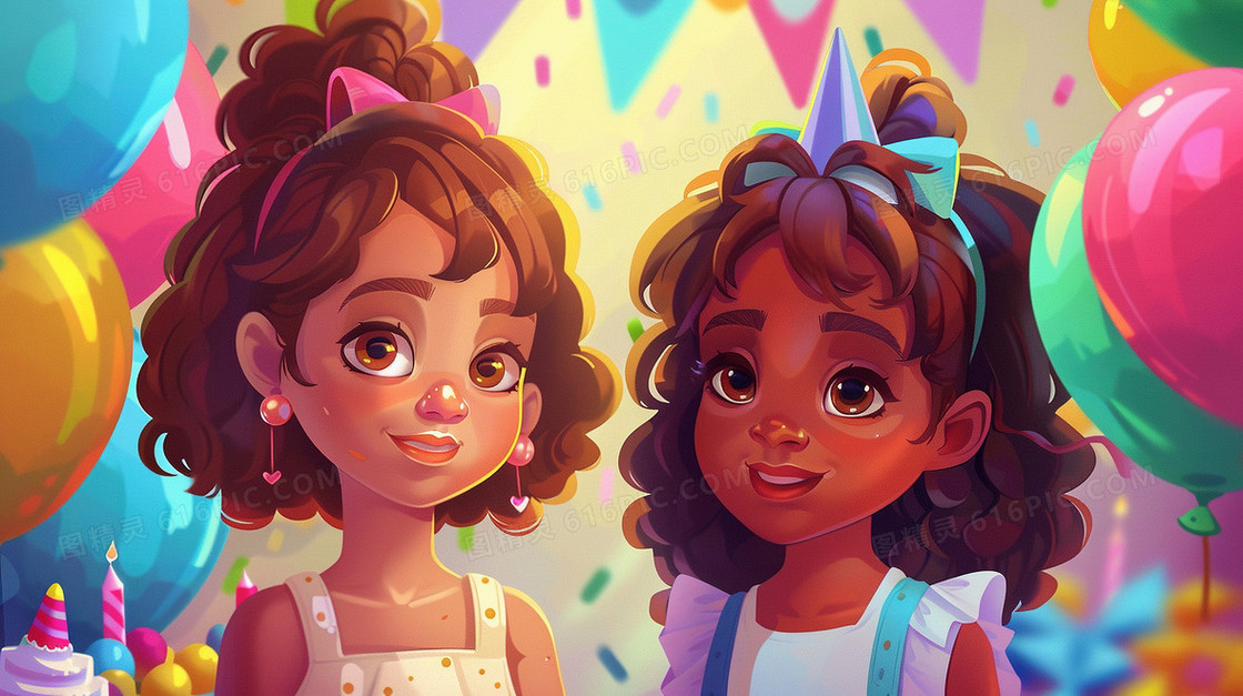 六一两个外国小女孩过生日插画