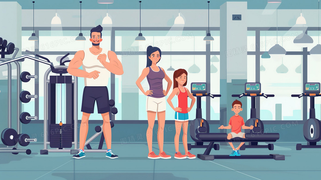 一家人健身房运动健身锻炼插画