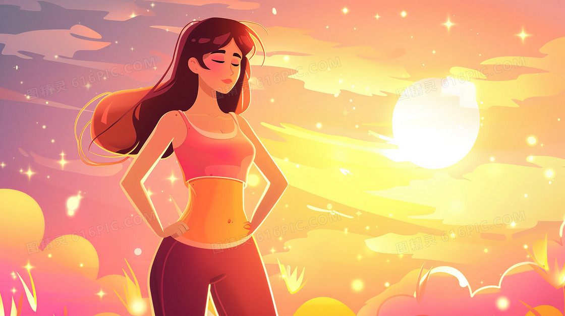 清晨跑步运动健身的女孩插画