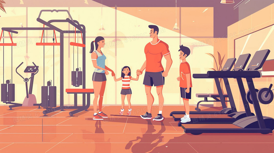 一家人健身房运动健身锻炼插画