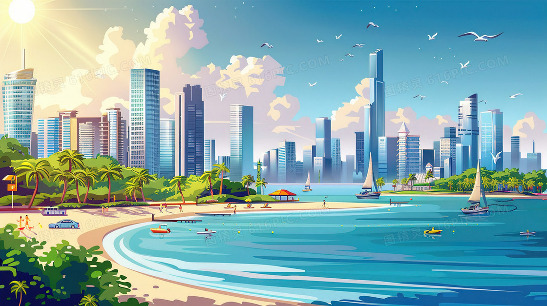 蓝天白云沿海城市夏季风景插画