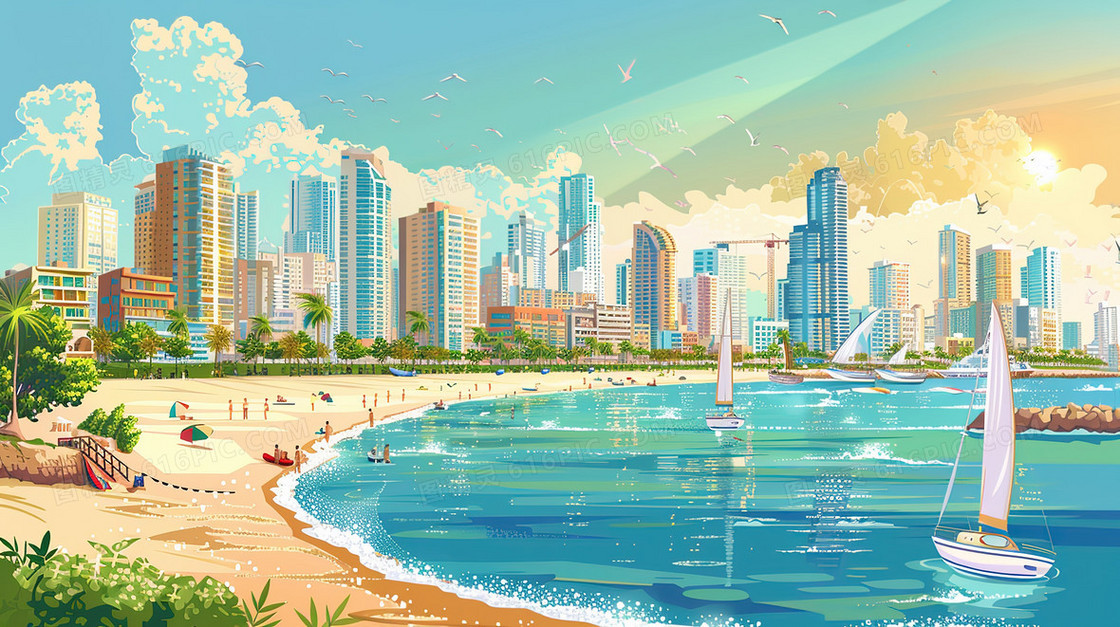 蓝天白云沿海城市夏季风景插画