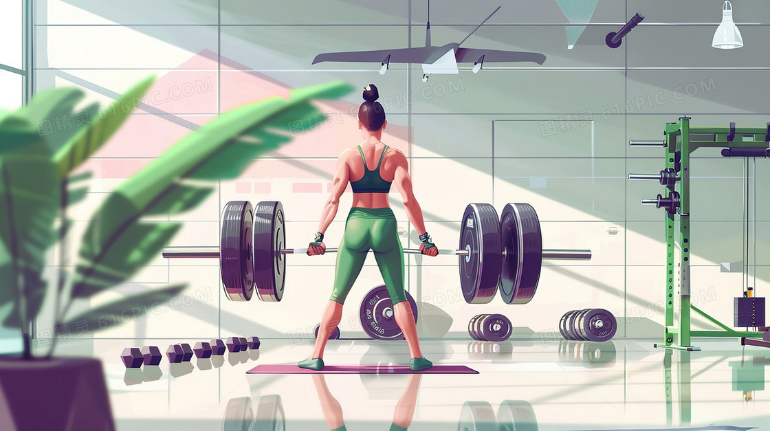健身房运动健身举重的女孩插画