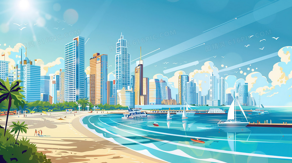 蓝天白云沿海城市夏季风景插画