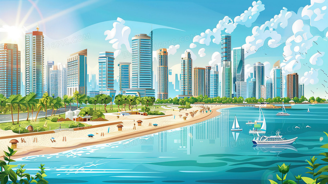 蓝天白云沿海城市夏季风景插画