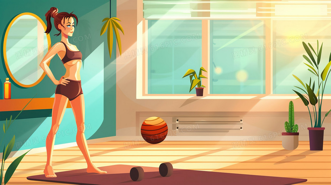 清晨室内运动健身的女孩插画