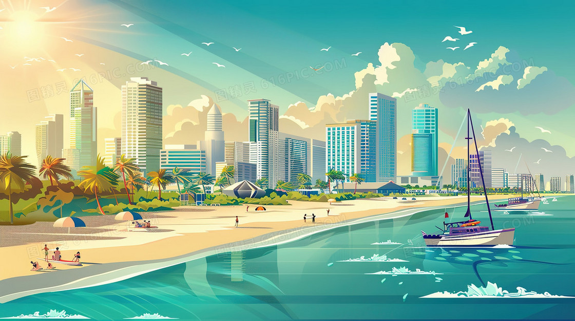 蓝天白云沿海城市夏季风景插画