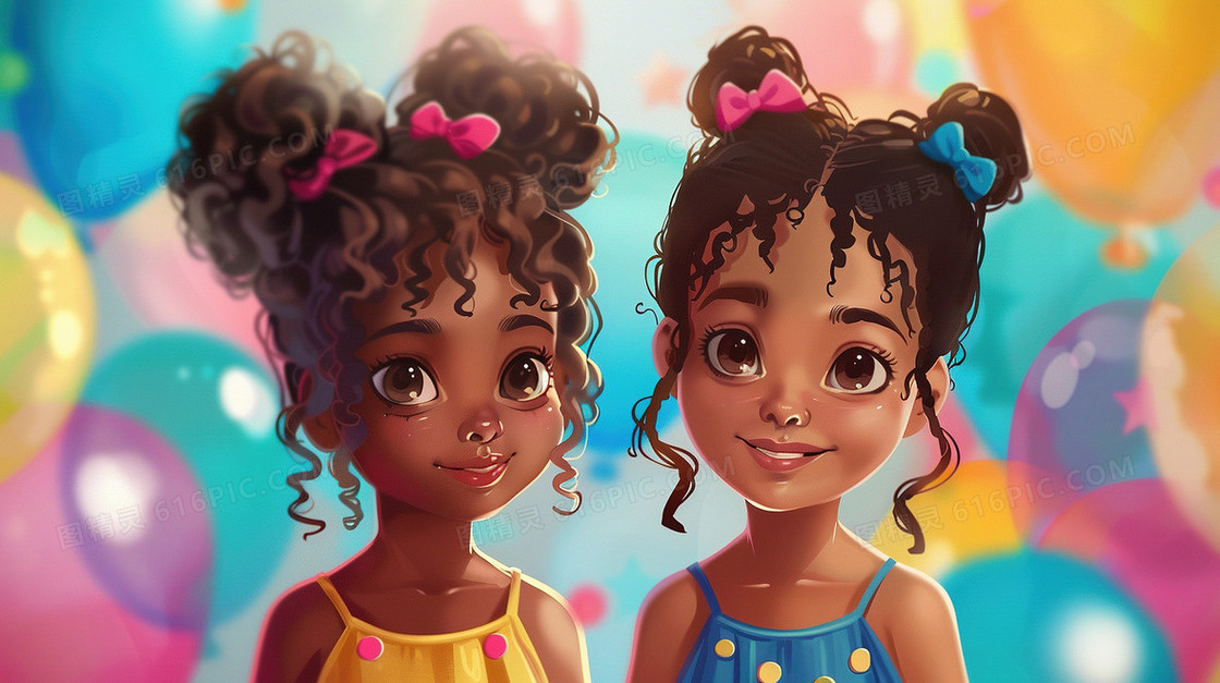 六一两个外国小女孩过生日插画
