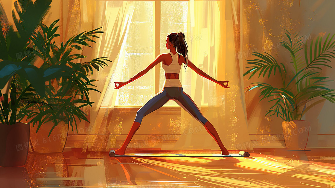 清晨室内运动健身的女孩插画