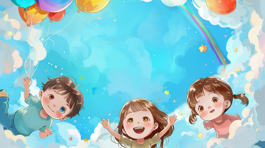 蓝天彩虹气球儿童俯视插画