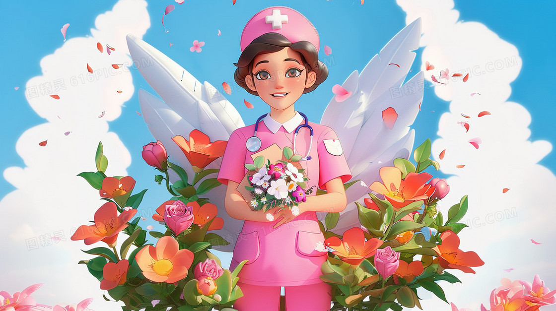 粉色护士服白衣天使拿着花束插画
