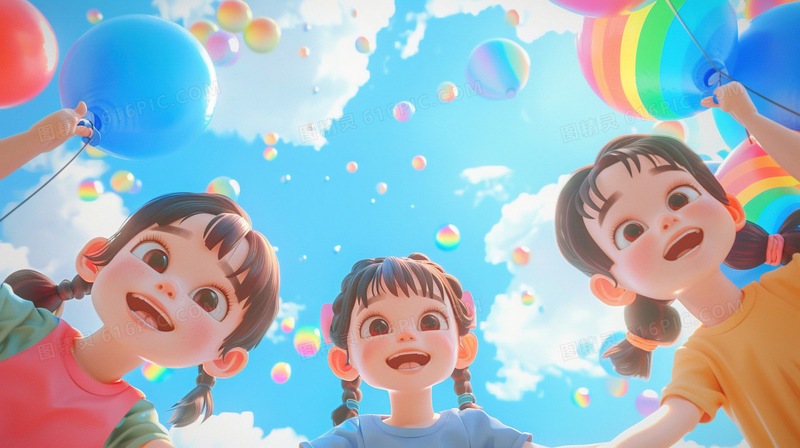 蓝天彩虹气球儿童俯视插画