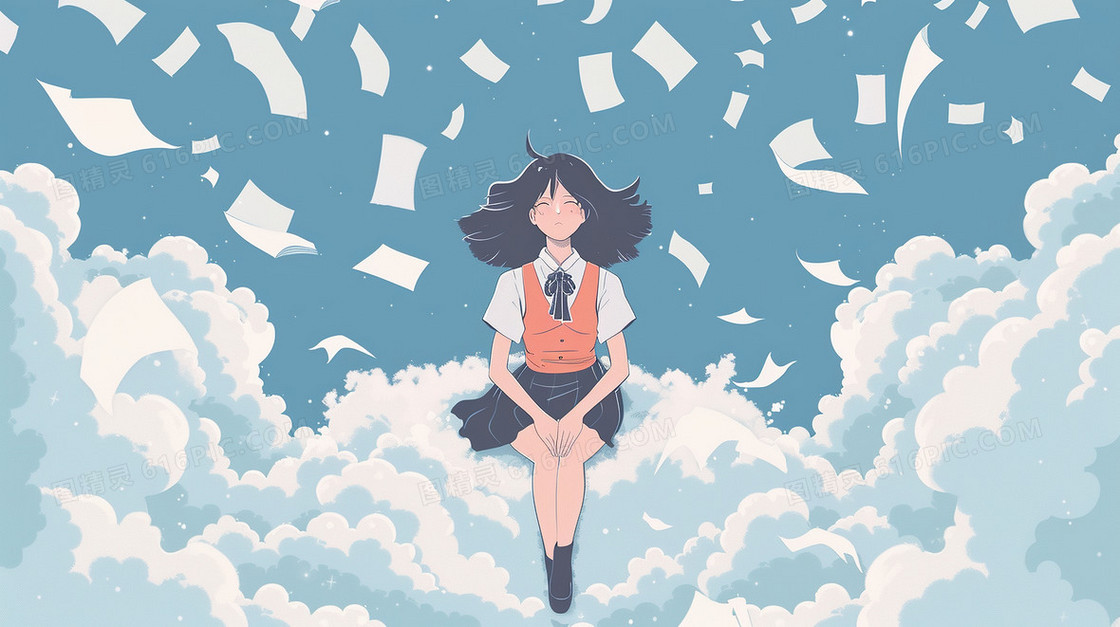 穿校服坐在云朵的女孩插画