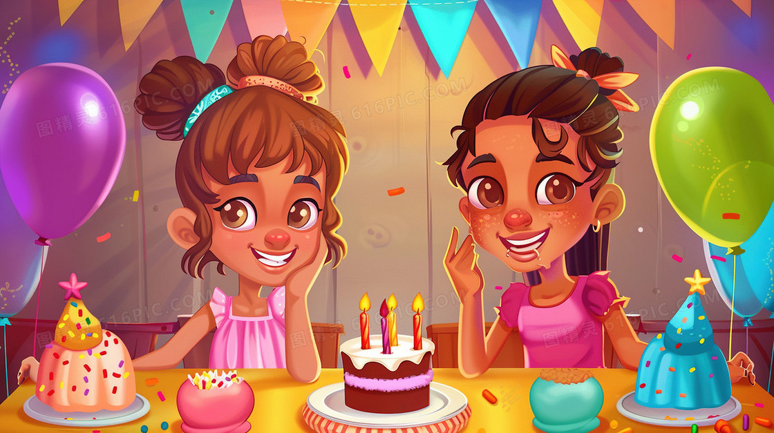 六一两个外国小女孩过生日插画