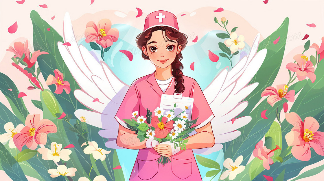 粉色护士服白衣天使拿着花束插画