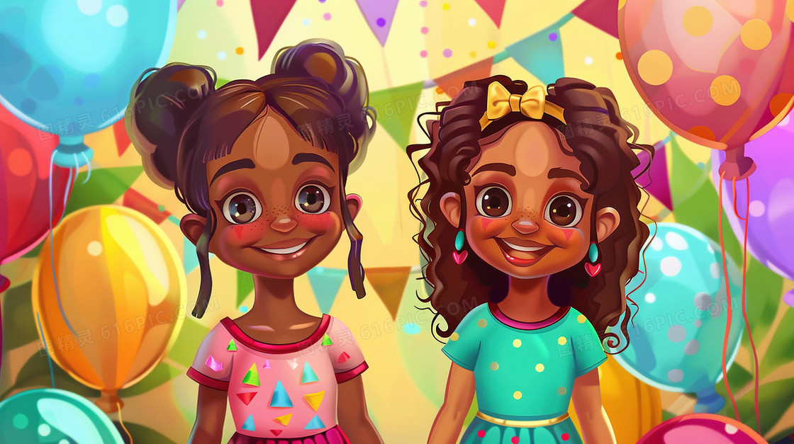 六一两个外国小女孩过生日插画