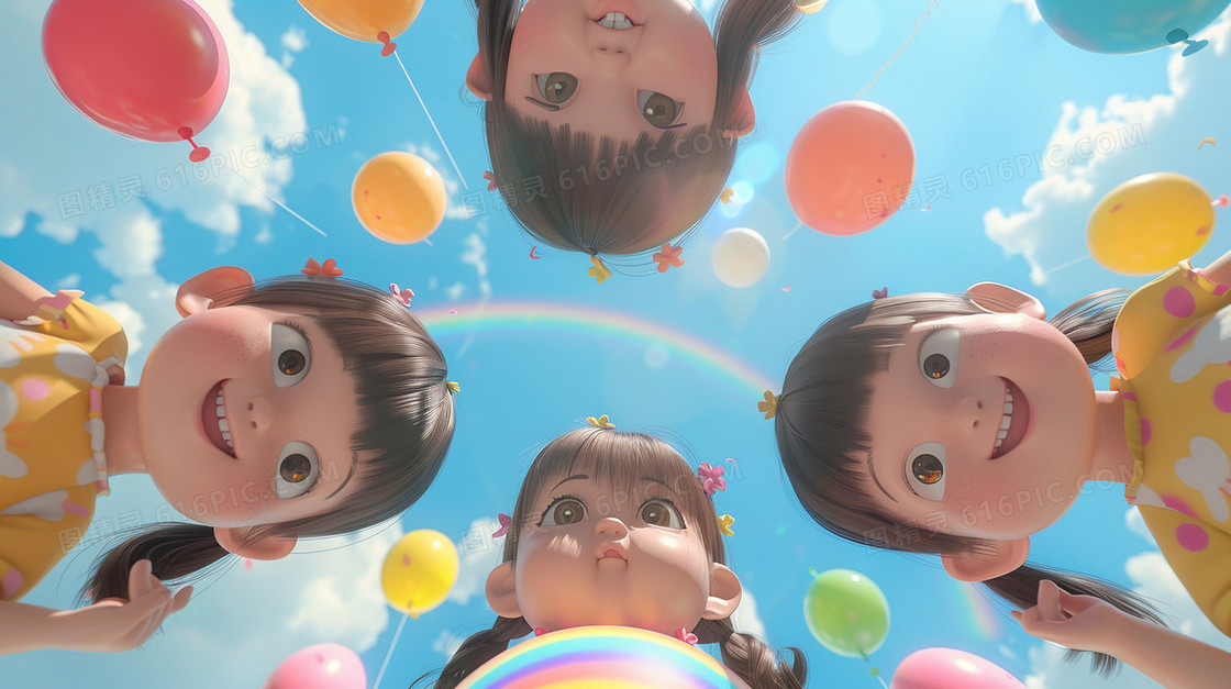 蓝天彩虹气球儿童俯视插画