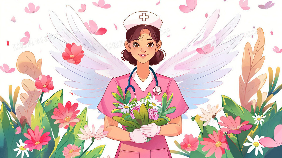 粉色护士服白衣天使拿着花束插画