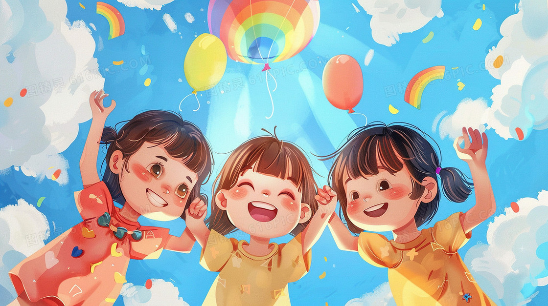 蓝天彩虹气球儿童俯视插画