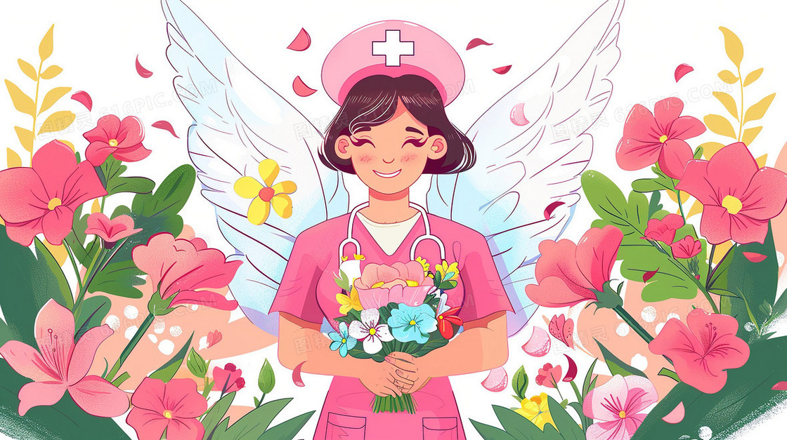 粉色护士服白衣天使拿着花束插画