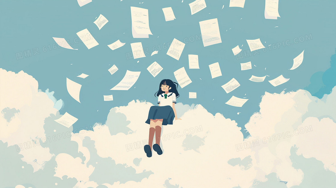 穿校服坐在云朵的女孩插画