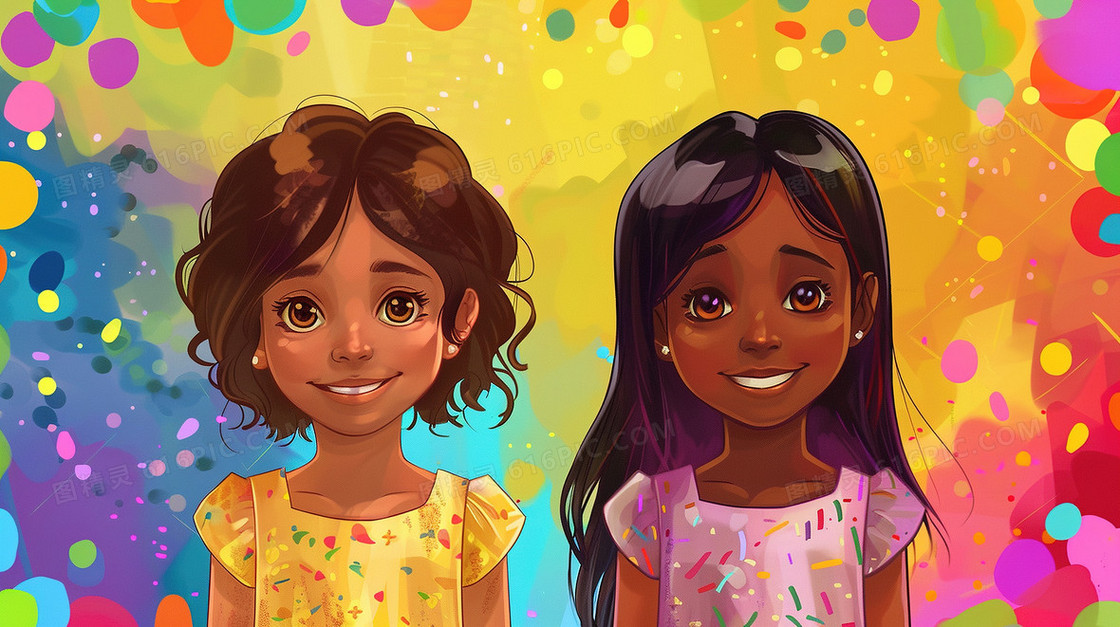 六一两个外国小女孩过生日插画