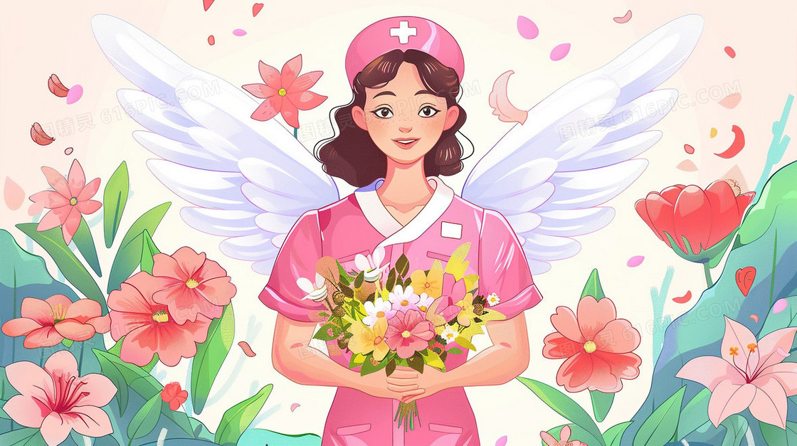 粉色护士服白衣天使拿着花束插画
